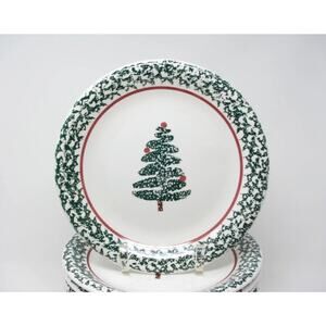 NEW! FURIO Christmas Tree 10" Dinner Plates Spongeware Set Of 4 Made Italy Gift